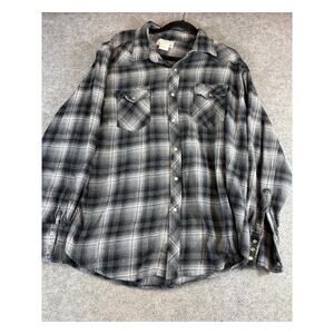 VINTAGE Wrangler Wrancher Pearl Snap Shirt Mens 2XL Gray Plaid Flannel Western